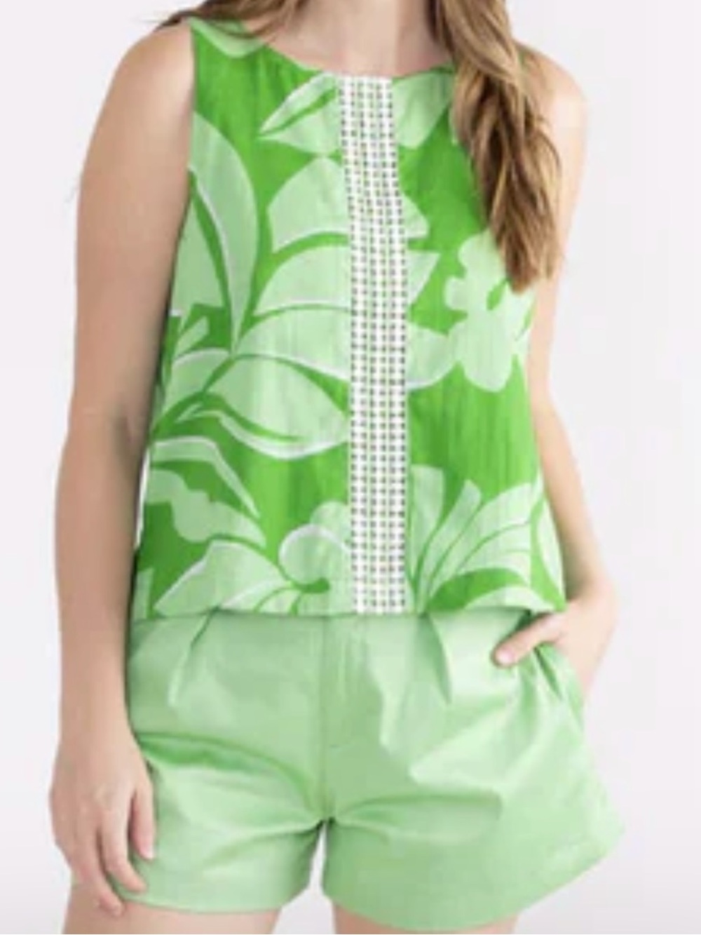 S’edge Apparel Sleeveless Brooks Top Green Monstera Print Top L